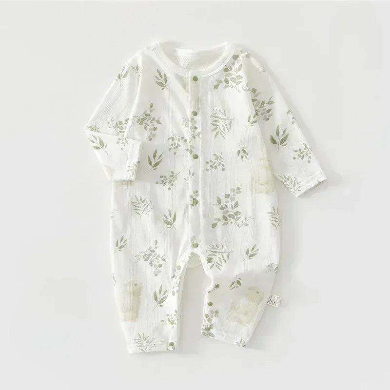 100% Cotton Long Sleeve Snap-Up Romper - Elephant & Flowers - Bodyfeu
