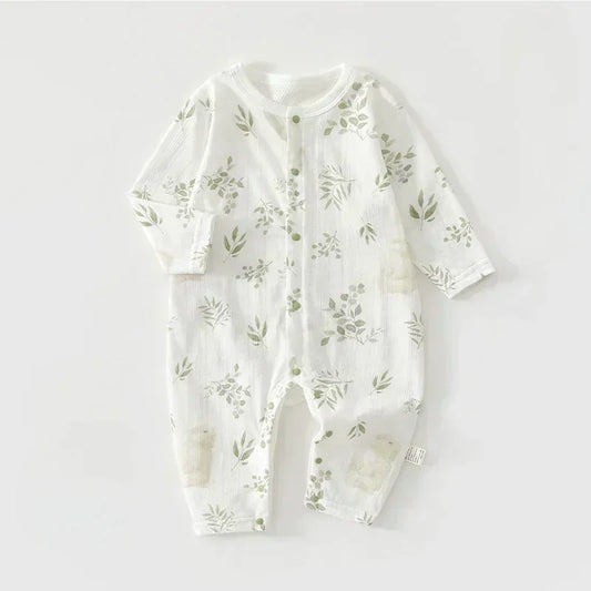 100% Cotton Long Sleeve Snap-Up Romper - Elephant & Flowers - Bodyfeu