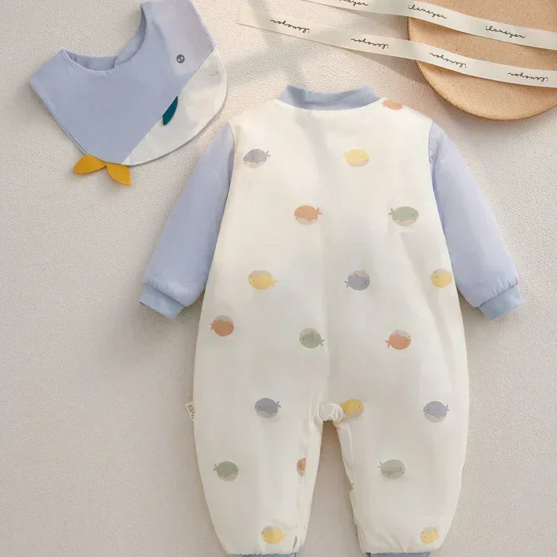 100% Cotton Extra Warm Long Sleeve Quilted Romper with Bib- Pink Whale - Bodyfeu