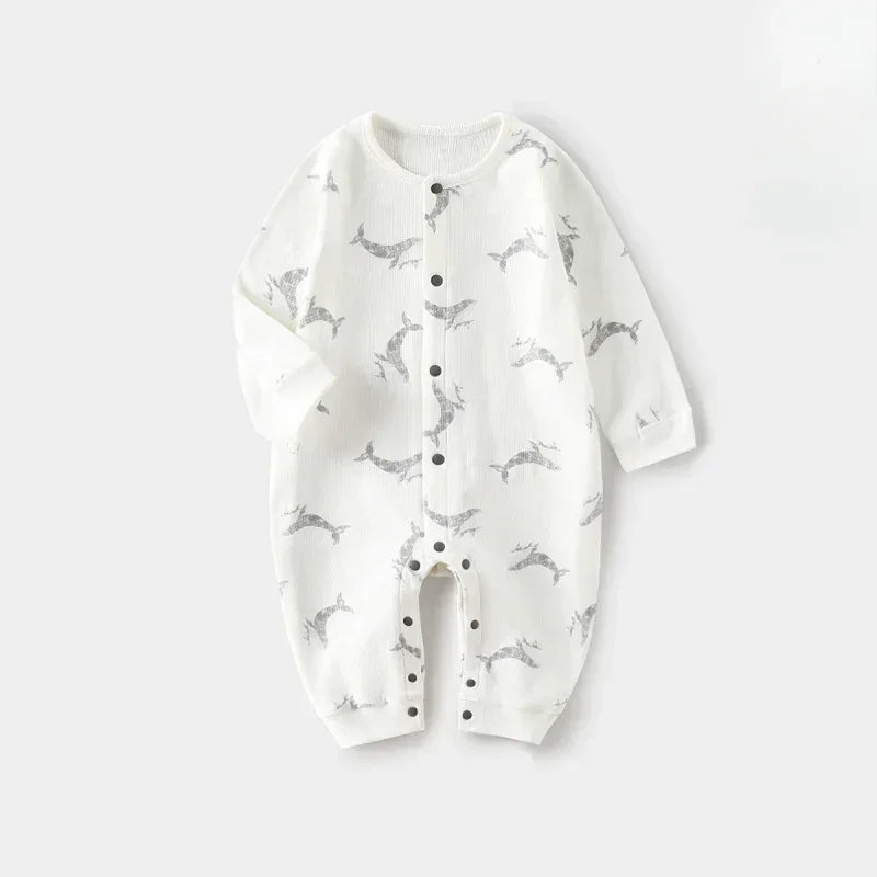 Cotton Snap-Up Long Sleeve Romper - White Dolphin - Bodyfeu