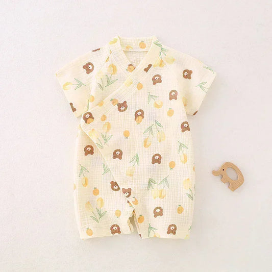 100% Cotton Muslin Short Sleeve Romper - Brown Bear - Bodyfeu