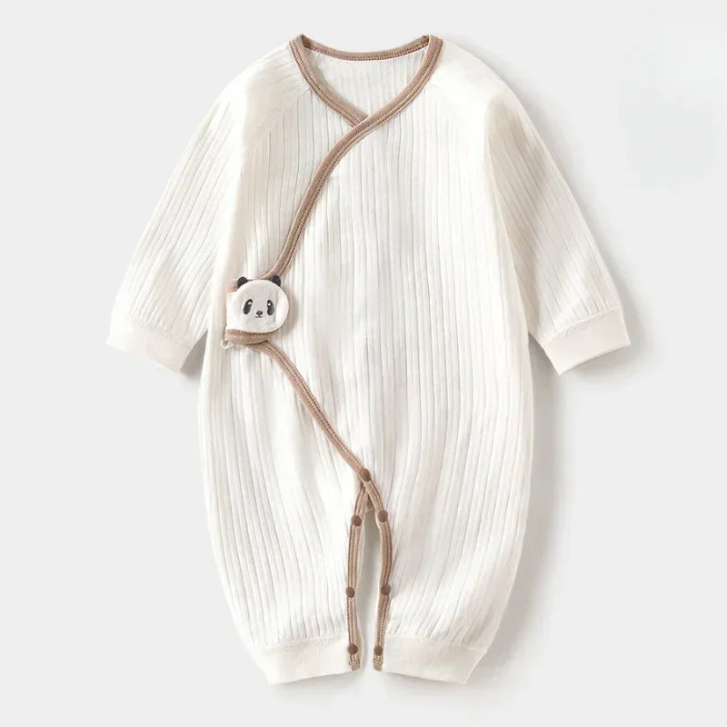 100% Cotton Long Sleeve Romper with Velcro Closure - White Panda - Bodyfeu
