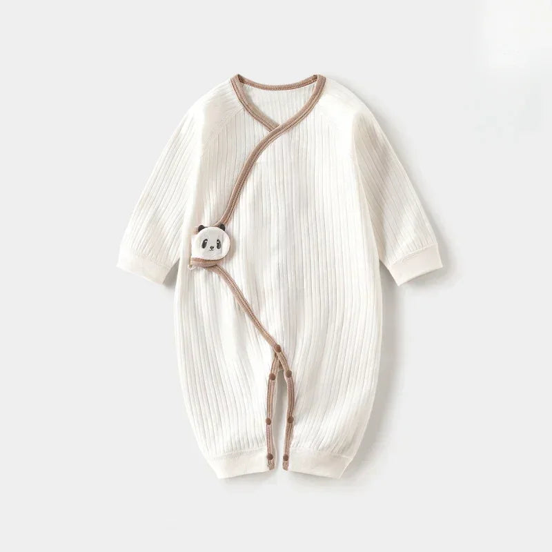 100% Cotton Long Sleeve Romper with Velcro Closure - White Panda - Bodyfeu